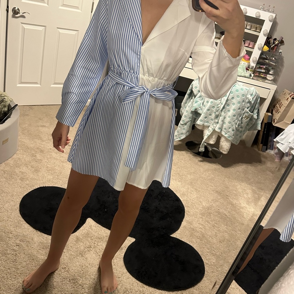 Blue and White Striped Dress with Belt